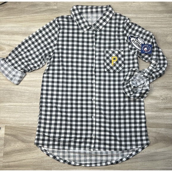 Pittsburg Pirates Pajamas Womens Medium Charcoal  Plaid Button Up Sleep Wear Top - Picture 4 of 16